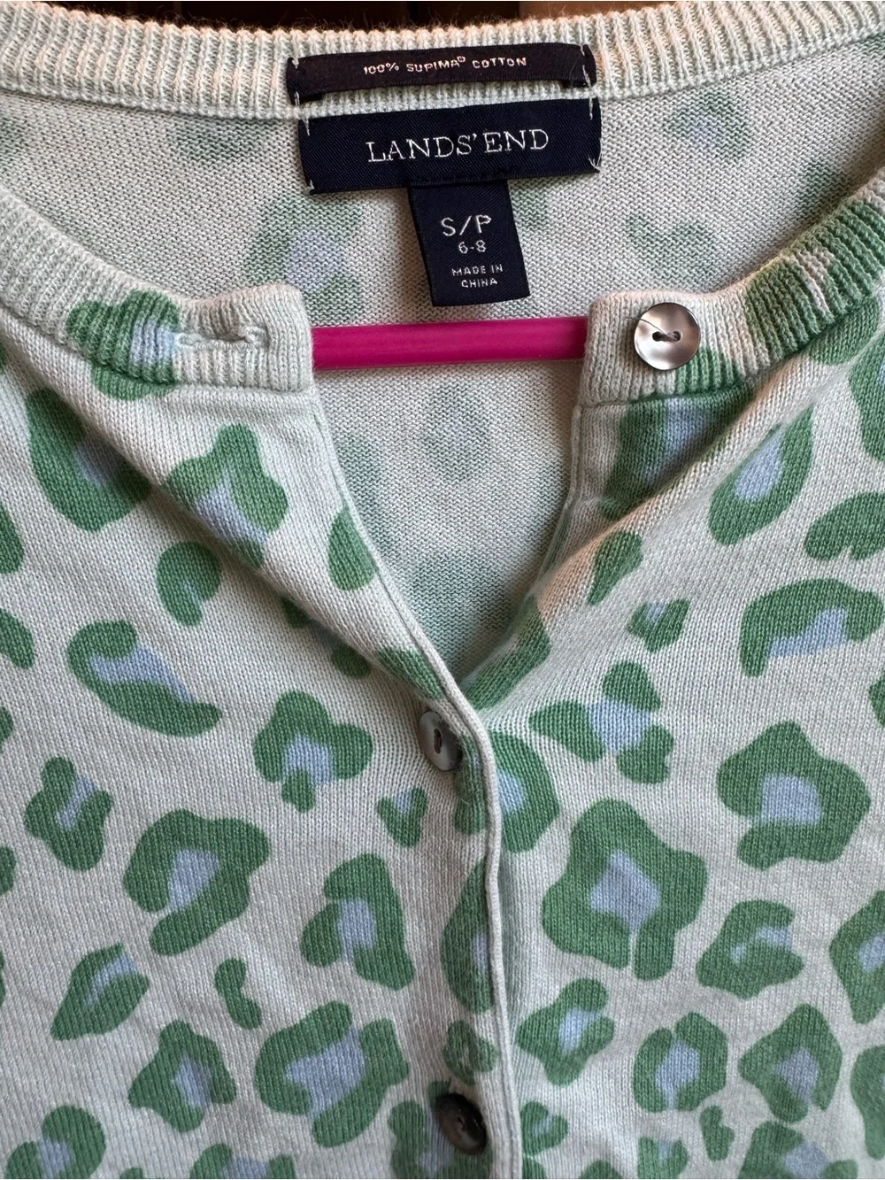 Lands' End Green 100% cotton Leopard Print Cardigan